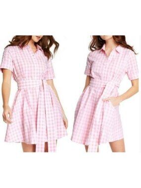 Lisa Marie Fernandez Pink Gingham Button-Front Shirt Dress XS 100% Cotton
